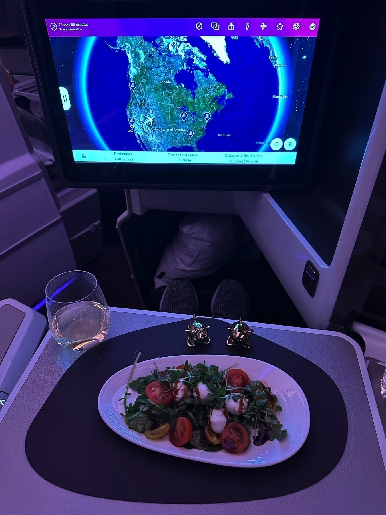 In-flight meal of a fresh Caprese salad with cherry tomatoes, mozzarella, arugula, pesto, and balsamic glaze, elegantly plated with a glass of white wine beside it. The seat’s entertainment screen shows a flight map with the plane crossing North America.